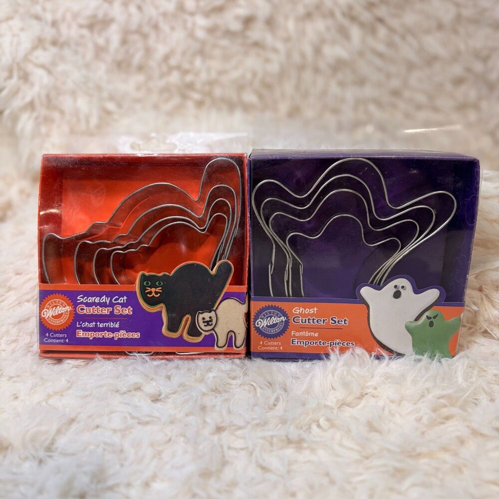 Vintage Wilton Halloween Cookie Cutter Set Scaredy Cat & Ghost Nesting Metal NIP